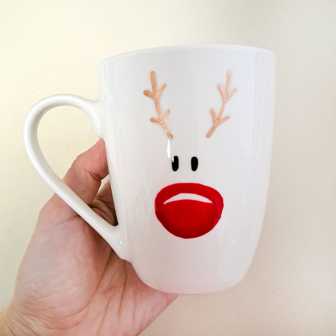 Hand painted white ceramic mug "Rudolf"