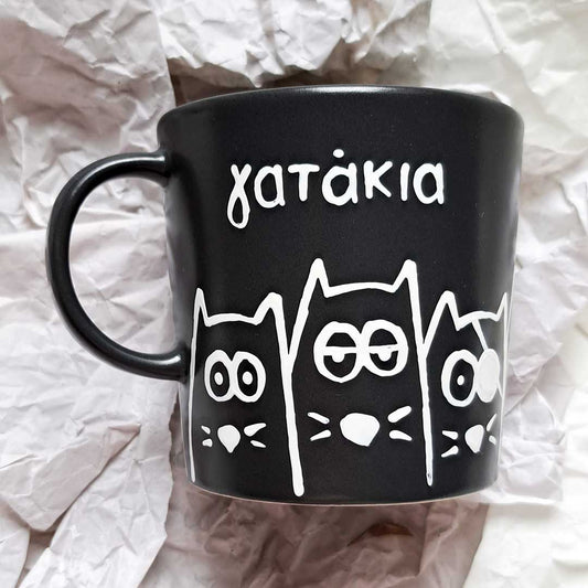 Hand painted black ceramic mug, "Γατάκια"