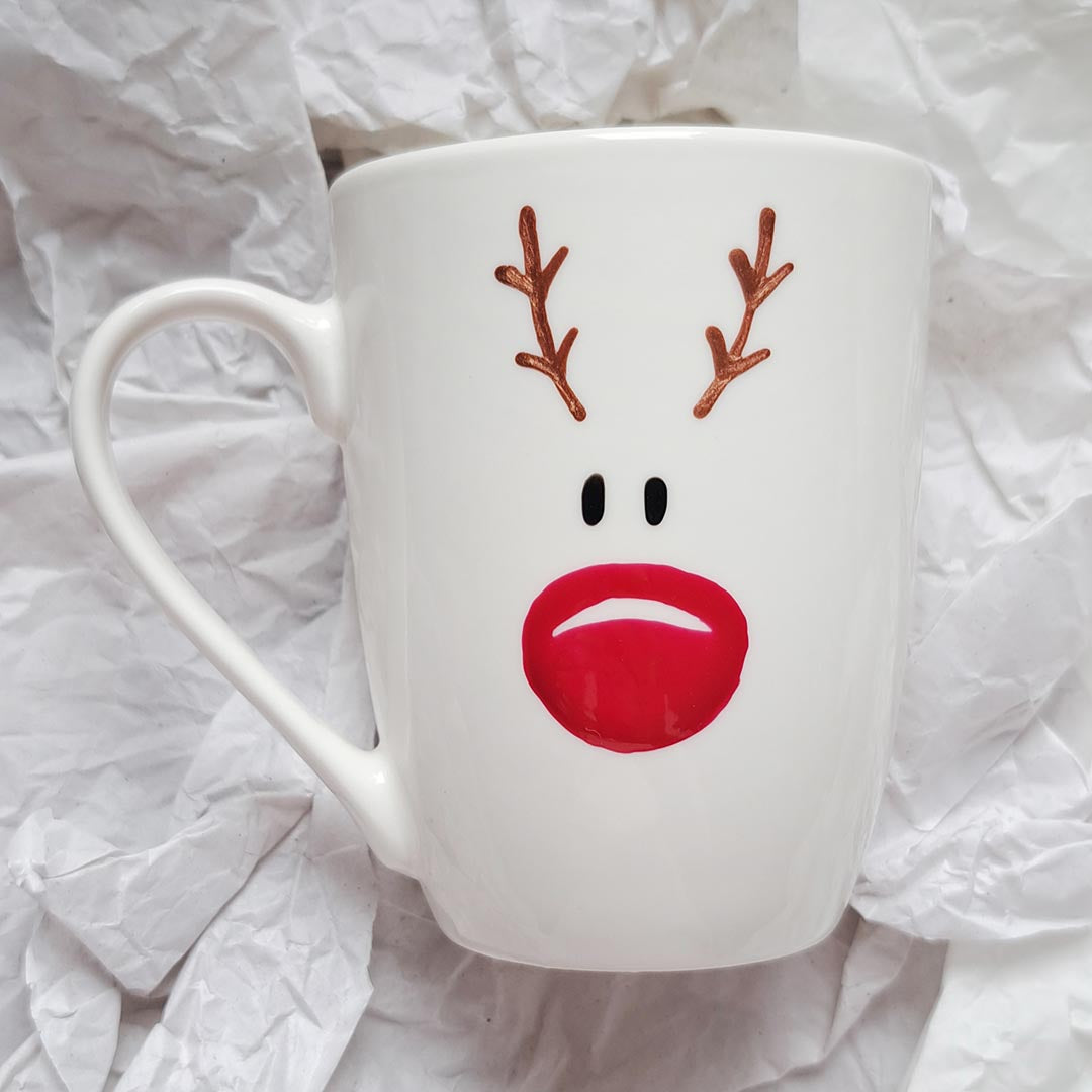 Hand painted white ceramic mug "Rudolf"